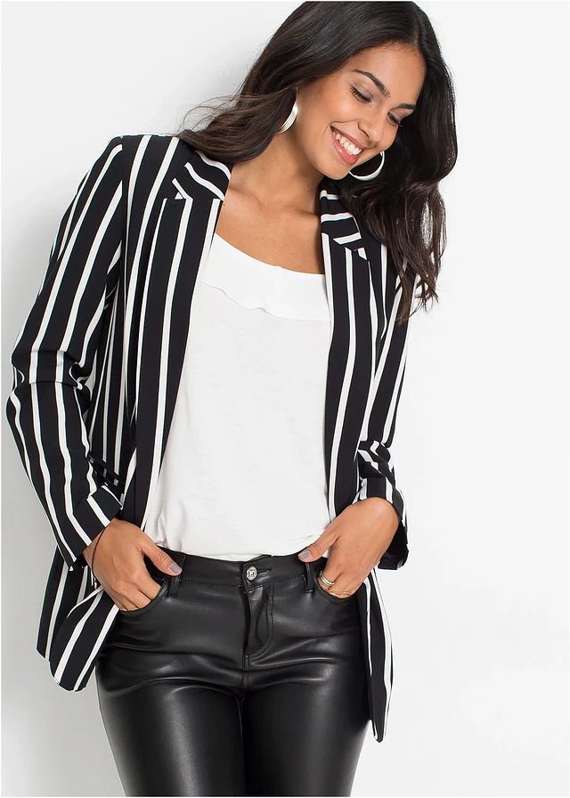 Blazer, Couleur: noir-écru rayé