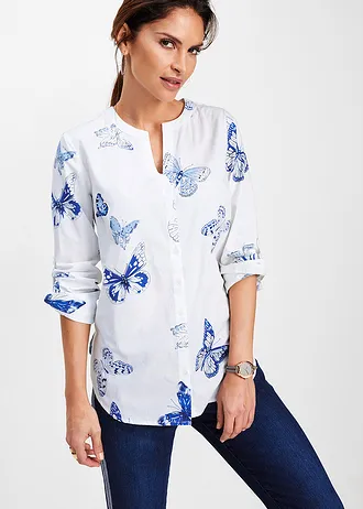 Gedessineerde blouse van viscose, Kleur: wit-blauw gedessineerd