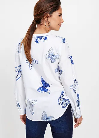 Gedessineerde blouse van viscose, Kleur: wit-blauw gedessineerd