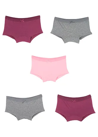 Lot de 5 shortys en coton doux, Couleur: gris clair chiné+prune+blanc poudré