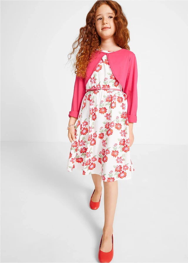 Jurk, riem en bolero (3-dlg. set), Kleur: wit-donkerpink gebloemd