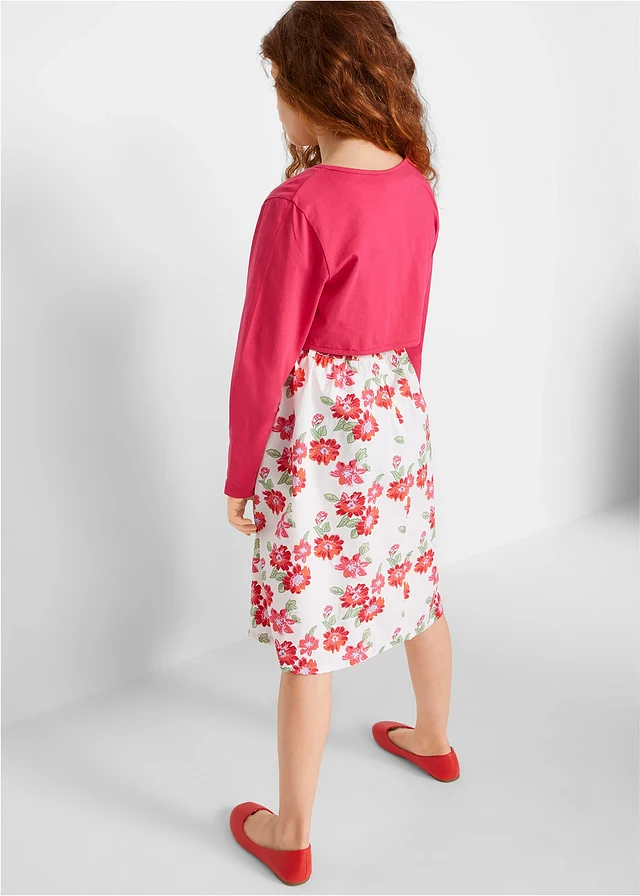 Jurk, riem en bolero (3-dlg. set), Kleur: wit-donkerpink gebloemd