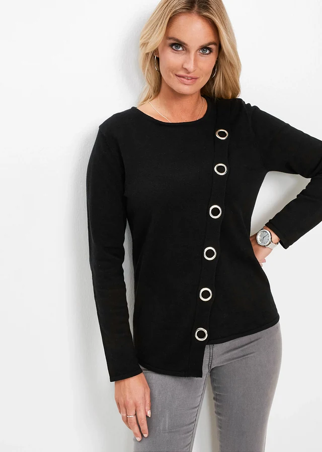 Fijn gebreide trui met stud details, Kleur: zwart/zilverkleur