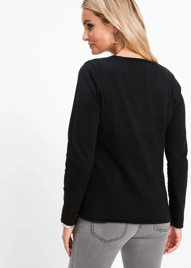 Fijn gebreide trui met stud details, Kleur: zwart/zilverkleur