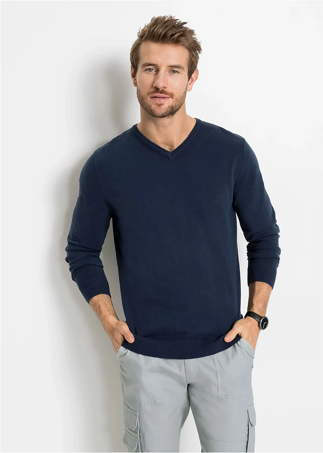 Pull doux en fine maille, Couleur: bleu foncé