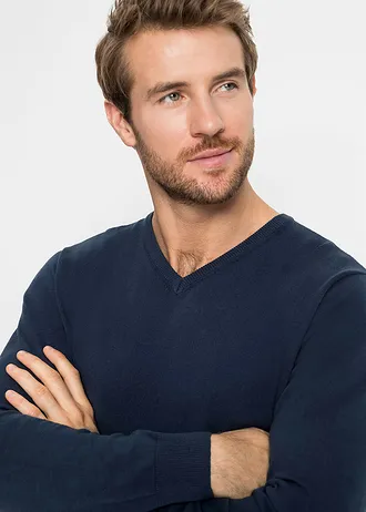 Pulóver, jemne pletený, z mäkkého mixu bavlny • tmavomodrá • obchod bonprix