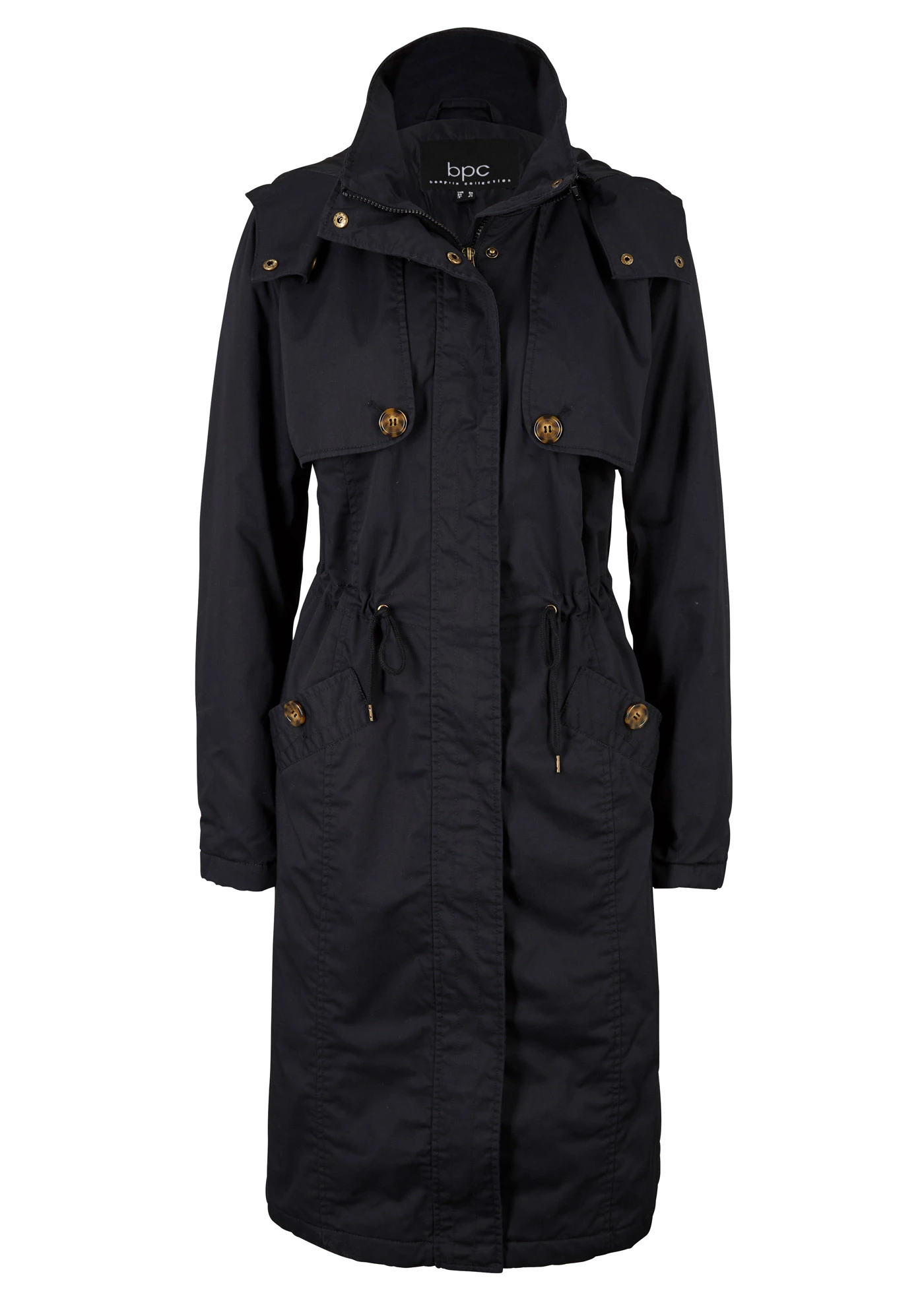 Lange trenchcoat met capuchon, getailleerd, licht gewatteerd • zwart • bonprix online shop