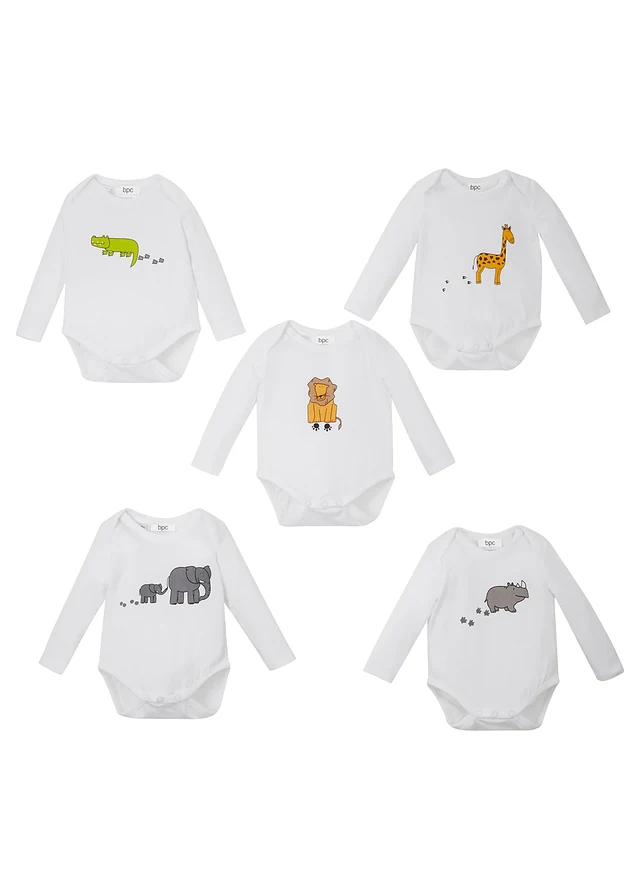 Baby rompertje met lange mouwen (set van 5) van biologisch katoen, Kleur: wit