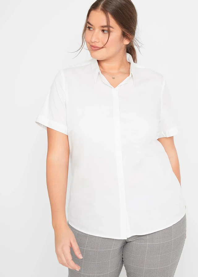 Chemisier manches courtes cintré et extensible en coton majoritaire, Couleur: blanc