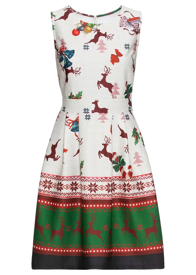 Kokerjurk van stevig scuba met kerstprint • beige-groen-rood • bonprix online shop