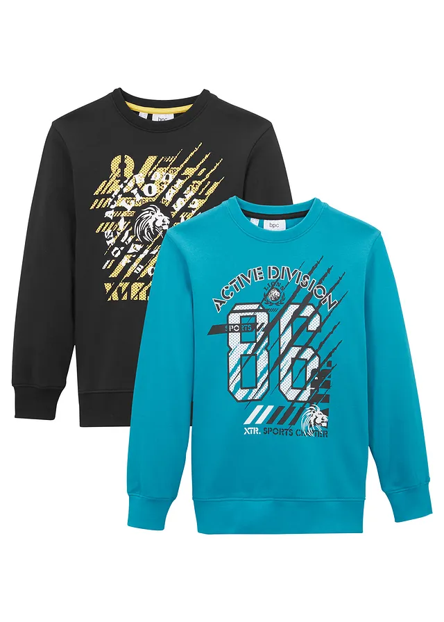 Lot de 2 sweat 100% coton, Couleur: noir + turquoise foncé graphique