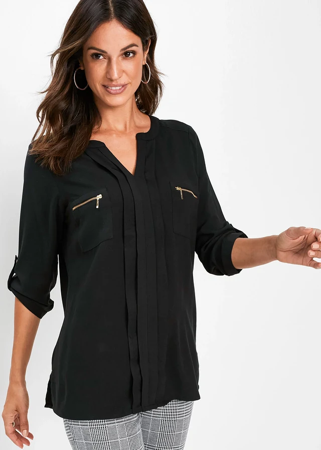 Tuniekblouse van soepele viscose, Kleur: zwart