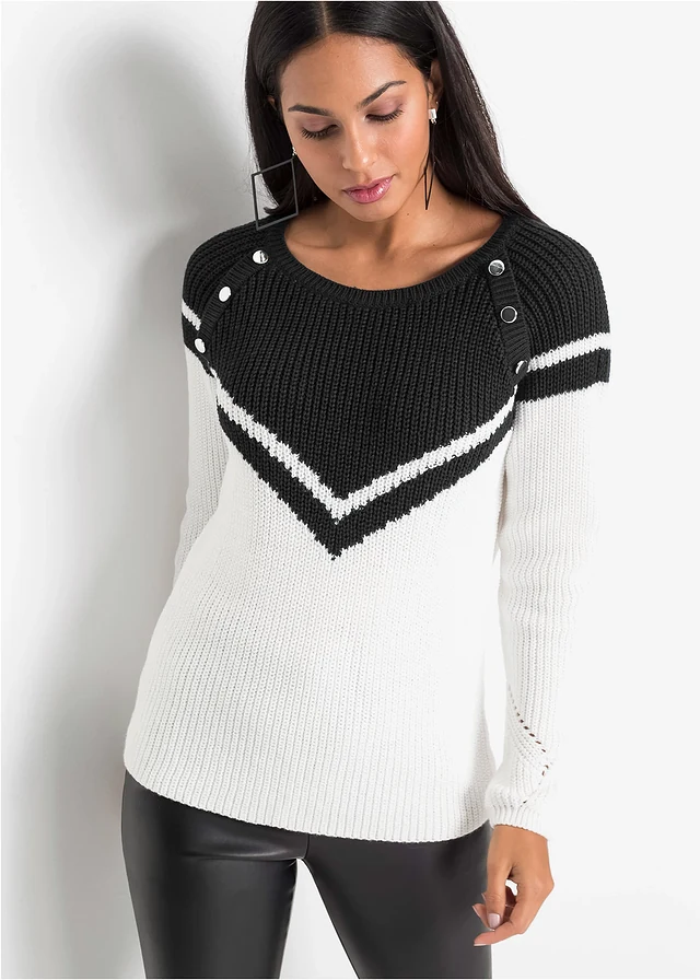 Trui met knopen, Kleur: zwart/wit