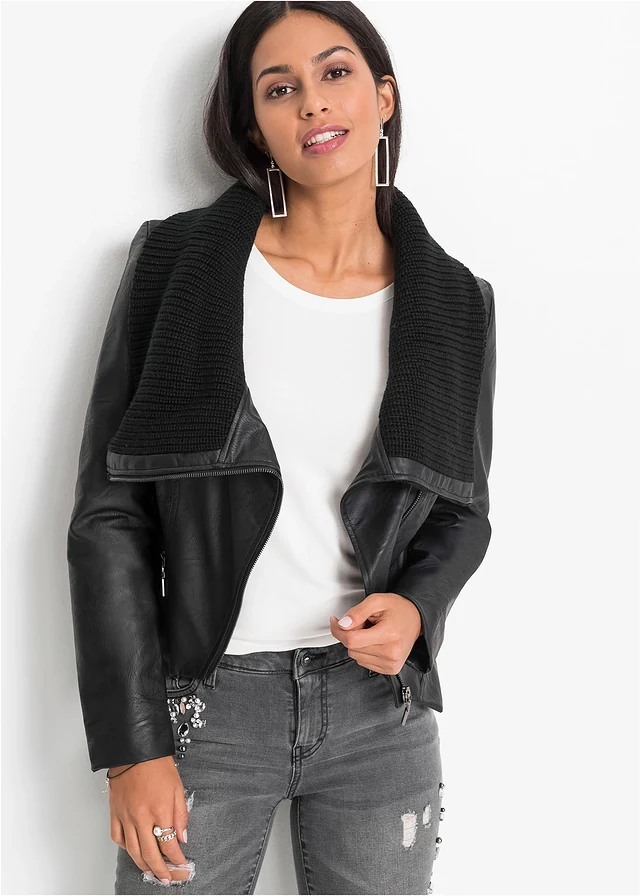 Blouson enduit à col châle, Couleur: noir