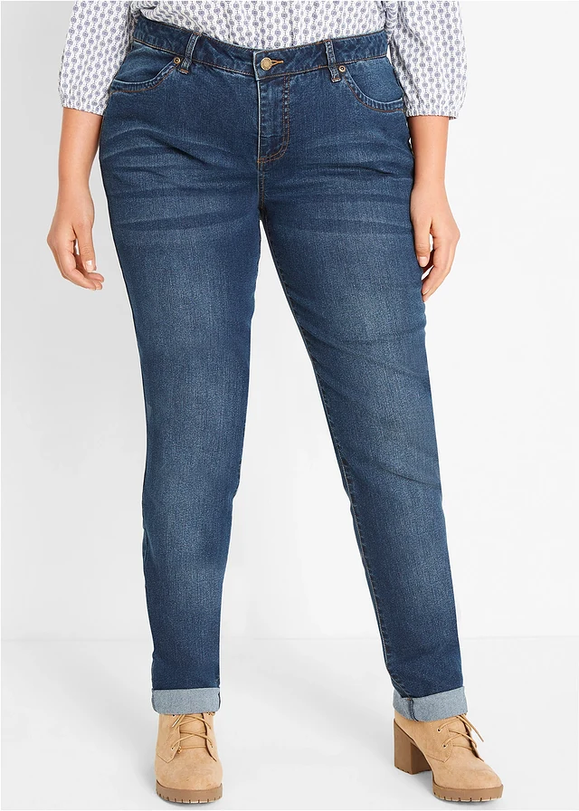 Jean droit taille mi-haute, extensible, Couleur: bleu foncé used