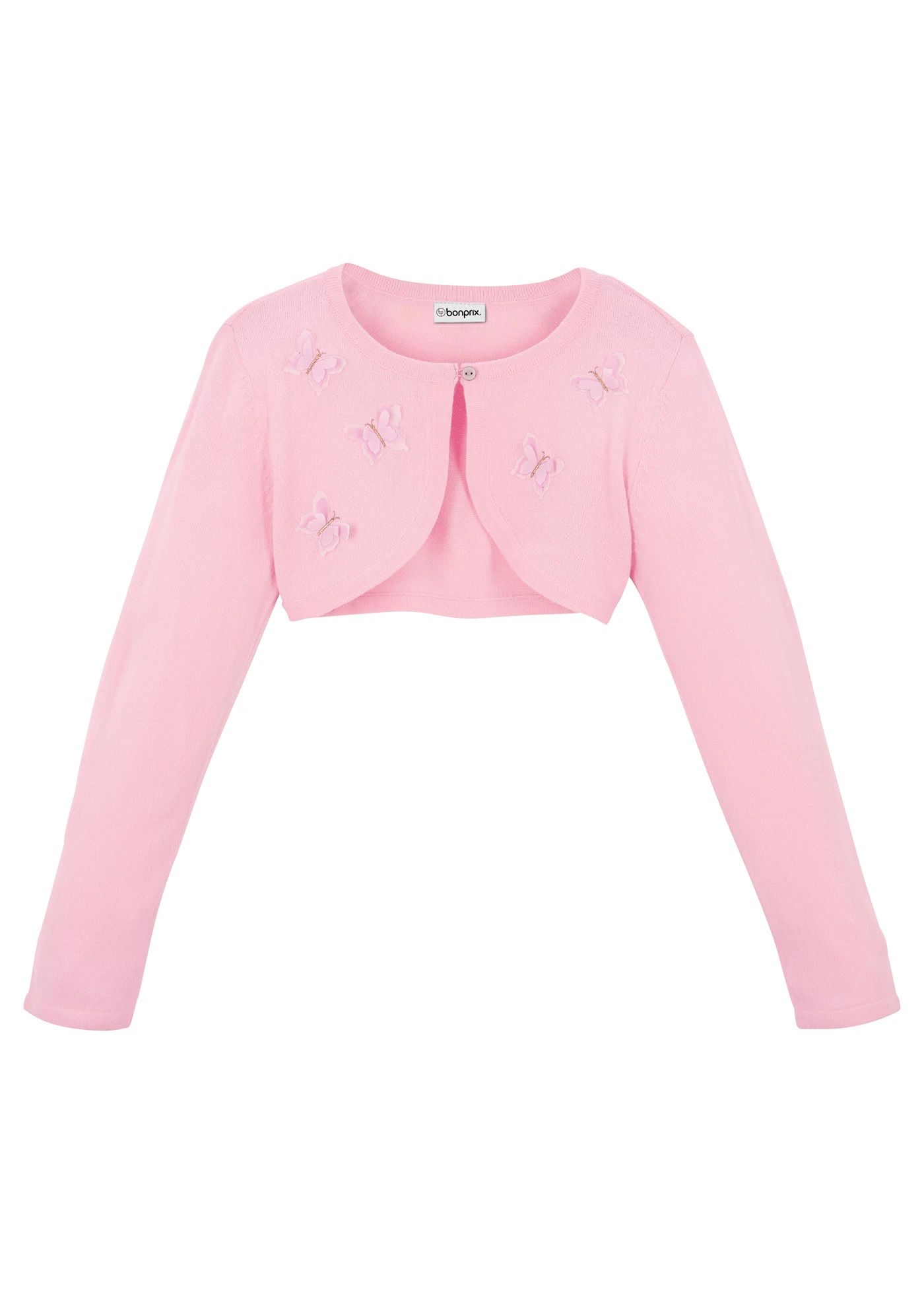 Dívčí pletené bolero s aplikacemi motýlů • pudrově růžová • bonprix obchod