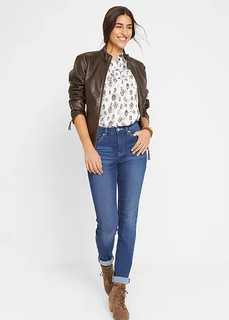 Blugi slim Mid Waist cu stretch, culoare: albastru uzat