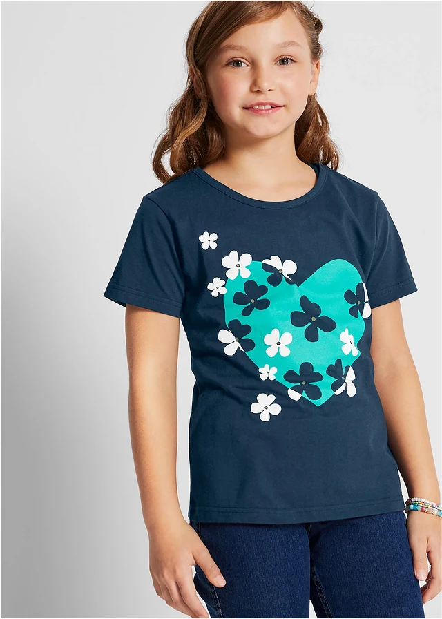 Meisjes T-shirt (set van 2) van biologisch katoen, Kleur: wolwit+donkerblauw