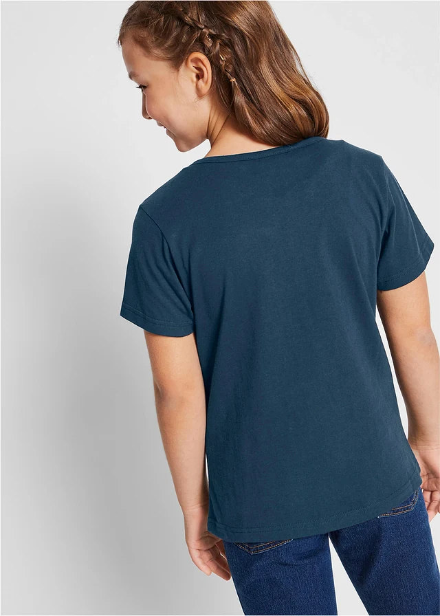 Meisjes T-shirt (set van 2) van biologisch katoen, Kleur: wolwit+donkerblauw