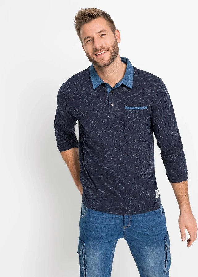 Polo manches longues 100% coton • bleu foncé chiné • product-page.page-title-suffix