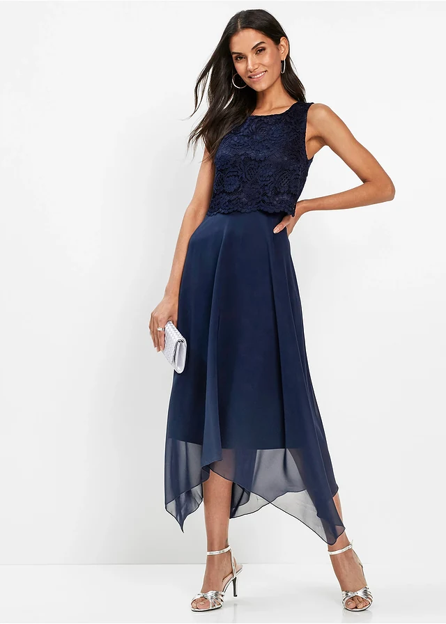 Robe midi en crêpe avec dentelle, Couleur: bleu foncé