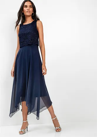 Premium chiffon midi jurk met kant, Kleur: donkerblauw