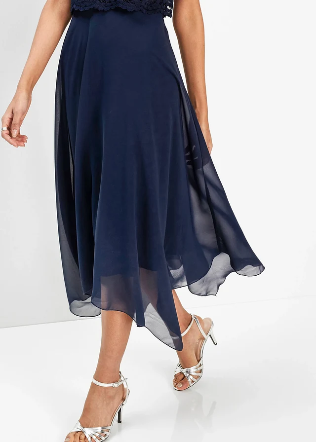 Robe midi en crêpe avec dentelle, Couleur: bleu foncé