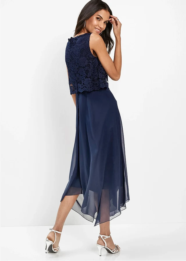 Robe midi en crêpe avec dentelle, Couleur: bleu foncé