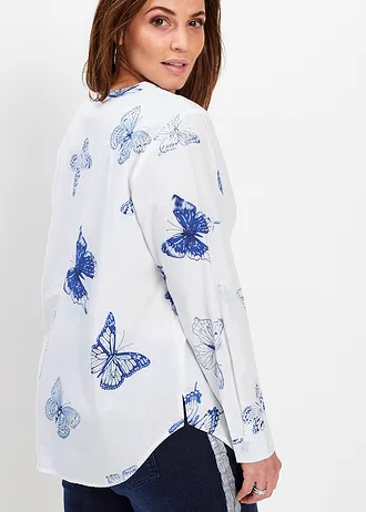 Gedessineerde blouse van viscose, Kleur: wit-blauw gedessineerd