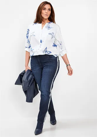 Gedessineerde blouse van viscose, Kleur: wit-blauw gedessineerd