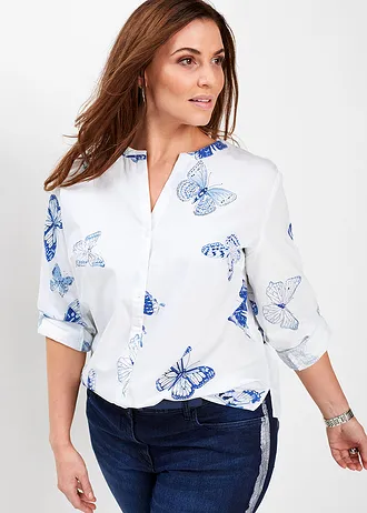 Gedessineerde blouse van viscose, Kleur: wit-blauw gedessineerd