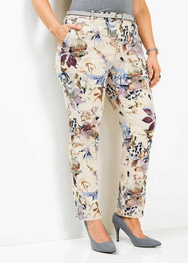 Stretchbroek met bloemenprint, Kleur: ecru gebloemd