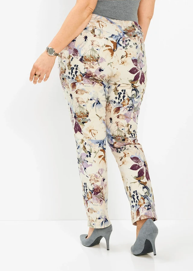 Stretchbroek met bloemenprint, Kleur: ecru gebloemd