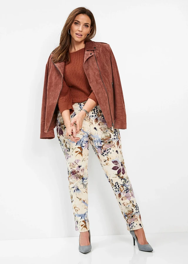 Stretchbroek met bloemenprint, Kleur: ecru gebloemd