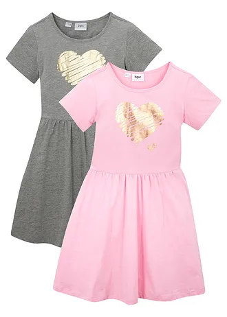 Jersey jurk van biologisch katoen (set van 2), Kleur: roze poudre+grijs gemêleerd