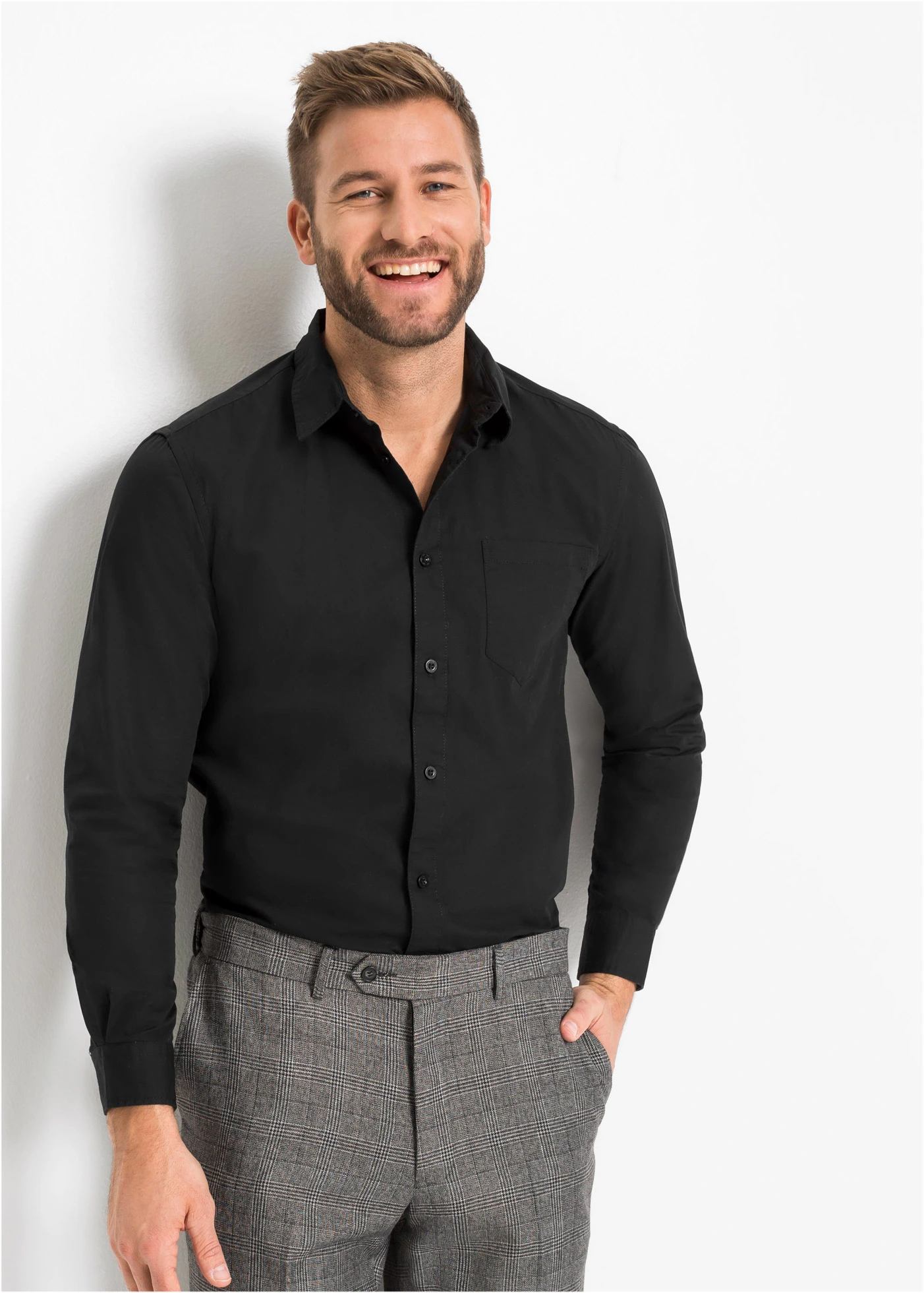 Cămașă cu mâneci lungi, din bumbac 100% • negru • magazin bonprix