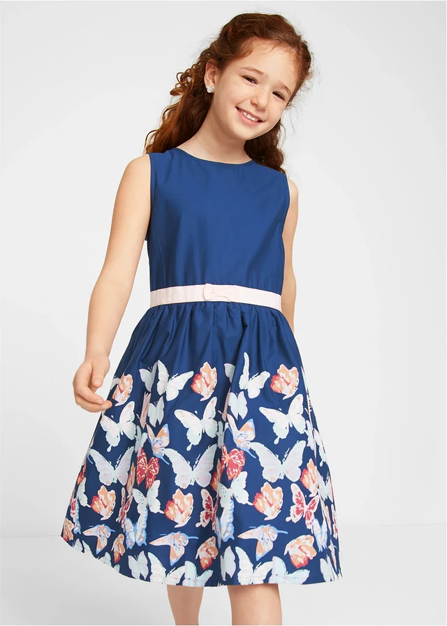 Meisjes jurk in A-lijn met vlinderprint, Kleur: middernachtblauw gedessineerd