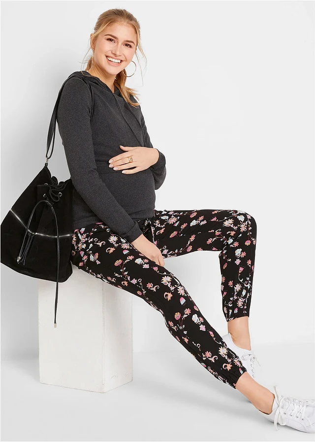 Pantalon de grossesse en viscose légère, loose, Couleur: noir imprimé