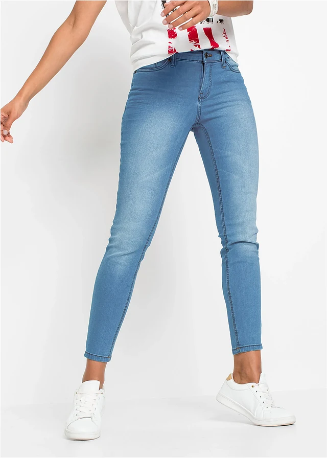Jean skinny, taille mi-haute, raccourci, Couleur: bleu clair denim