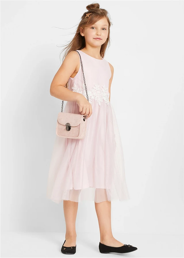 Midi jurk met kant, Kleur: roze-wit