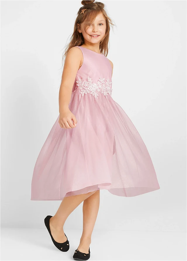 Midi jurk met kant, Kleur: roze-wit