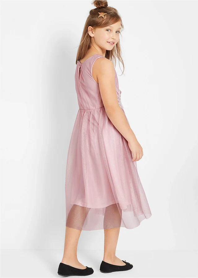 Robe midi avec empiècement dentelle, Couleur: rose/blanc
