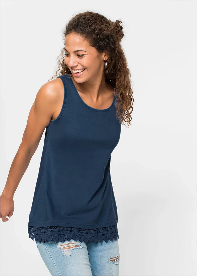 Lot de 2 débardeurs à dentelle, Couleur: bleu jean + bleu foncé