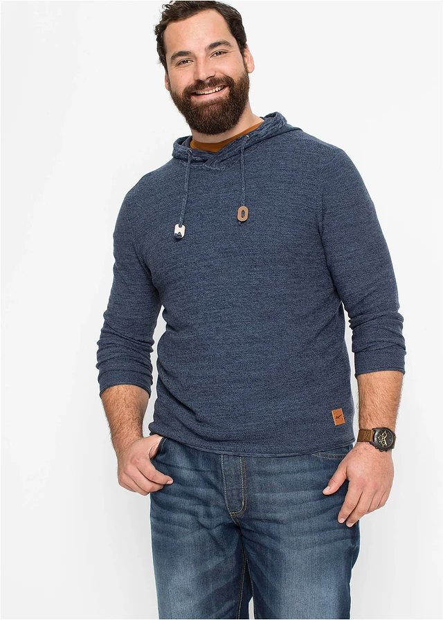 Pull à capuche en fine maille, Couleur: bleu chiné