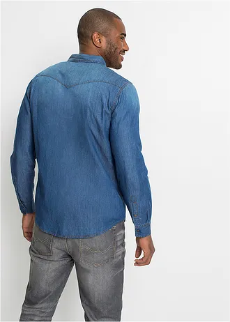 Chemise en jean 100% coton, slim, Couleur: bleu clair denim used