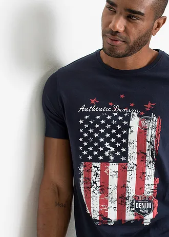 T-shirt 100% coton • bleu foncé imprimé • Boutique bonprix