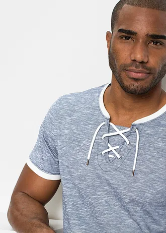 T-shirt van biologisch katoen met vetersluiting • donkerblauw-wolwit gemêleerd • bonprix online shop