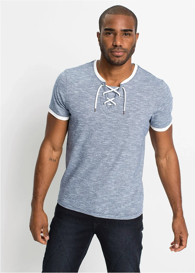 T-shirt met vetersluiting van biologisch katoen, Kleur: donkerblauw-wolwit gemêleerd