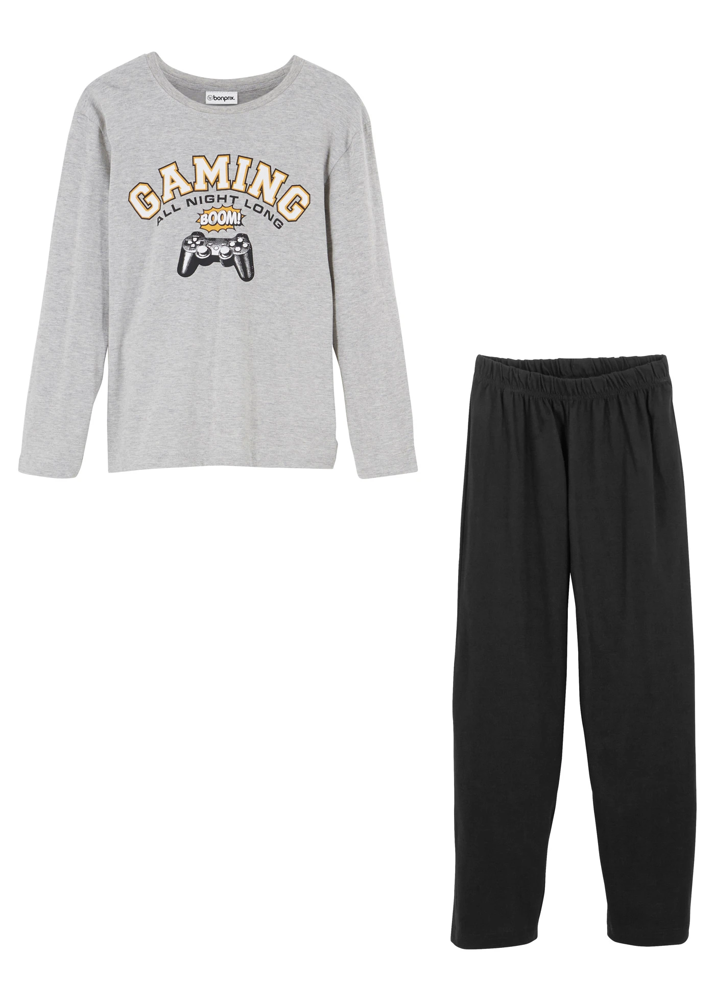 Pyjama en coton doux • gris clair chiné + noir • Boutique bonprix