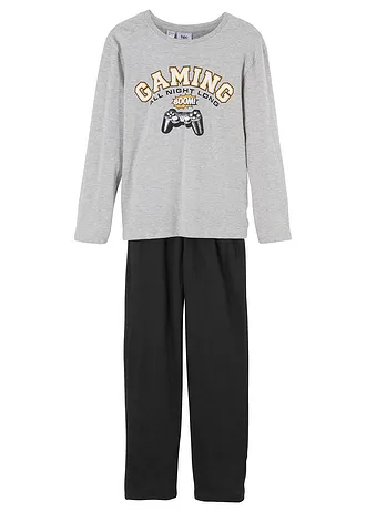 Pyjama en coton doux • gris clair chiné + noir • Boutique bonprix